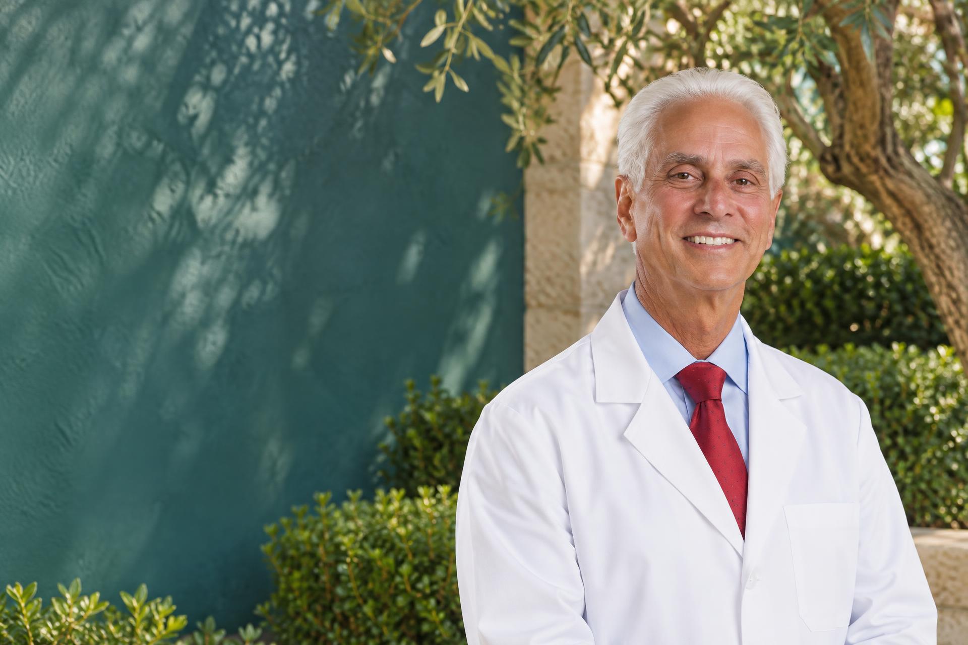 Dr. Joseph Perlman, medical director of TIFAAR, in a white coat in a garden courtyard
