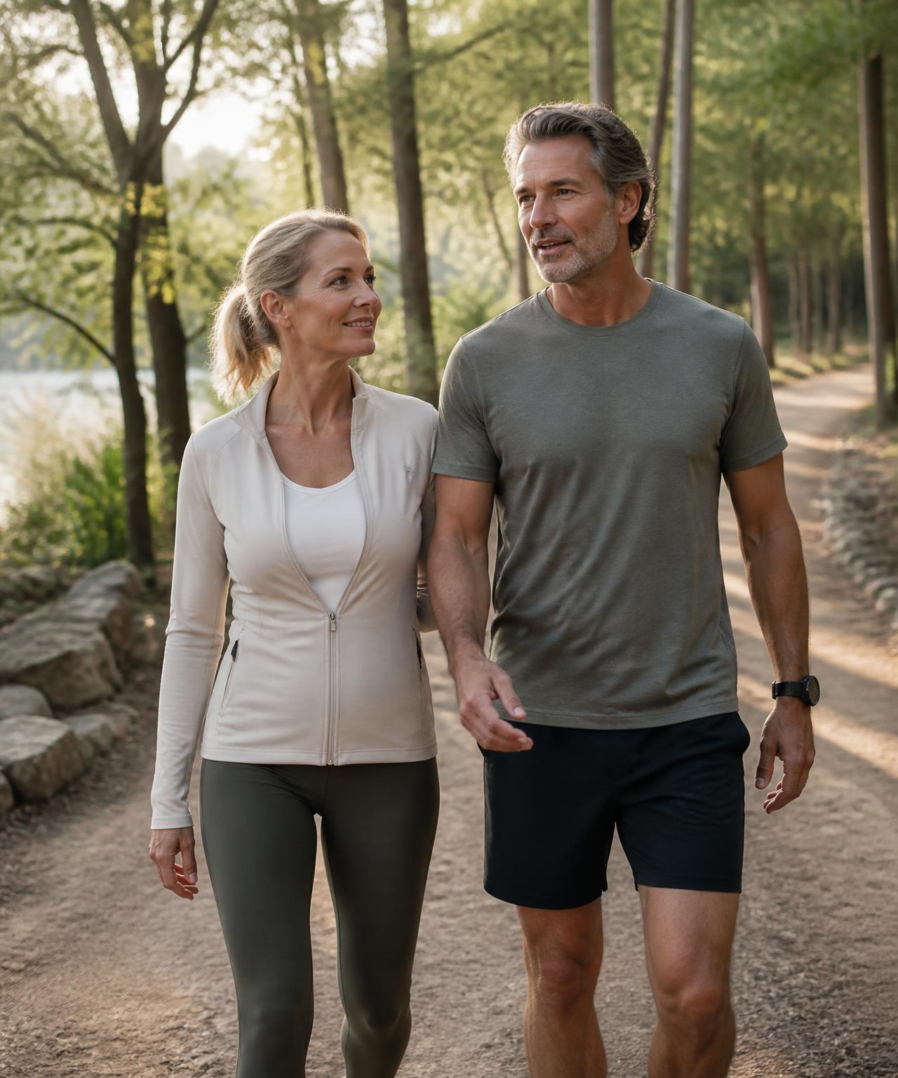 Healthy midlife couple walking together on a wooded trail