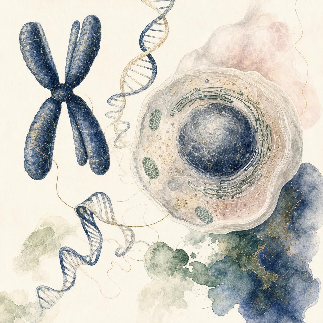 Editorial medical illustration of a cell, chromosomes, and DNA