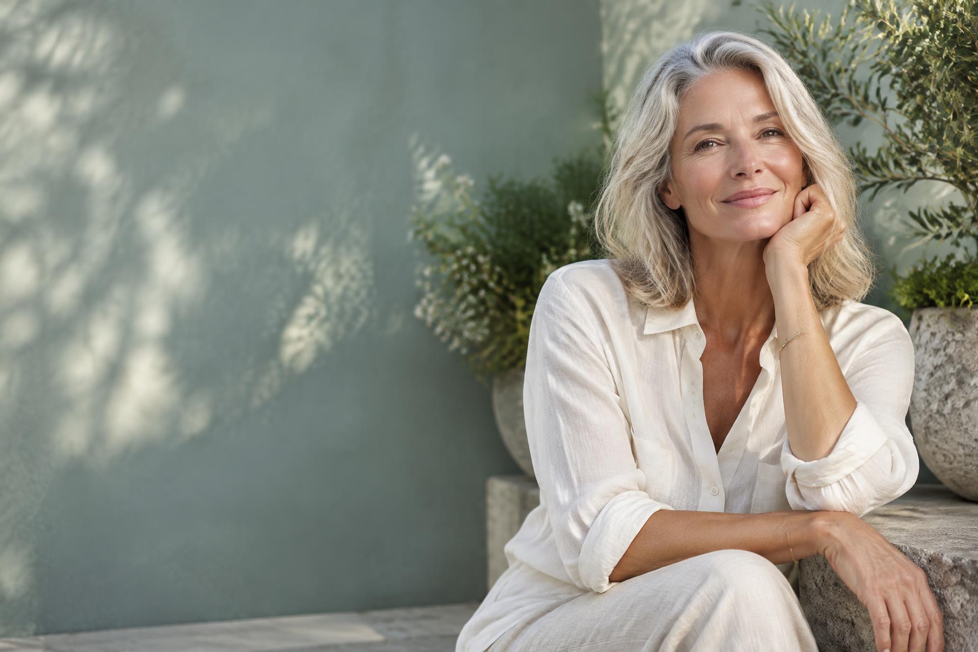 Editorial portrait of a mature woman enjoying a quiet moment in a sunlit garden